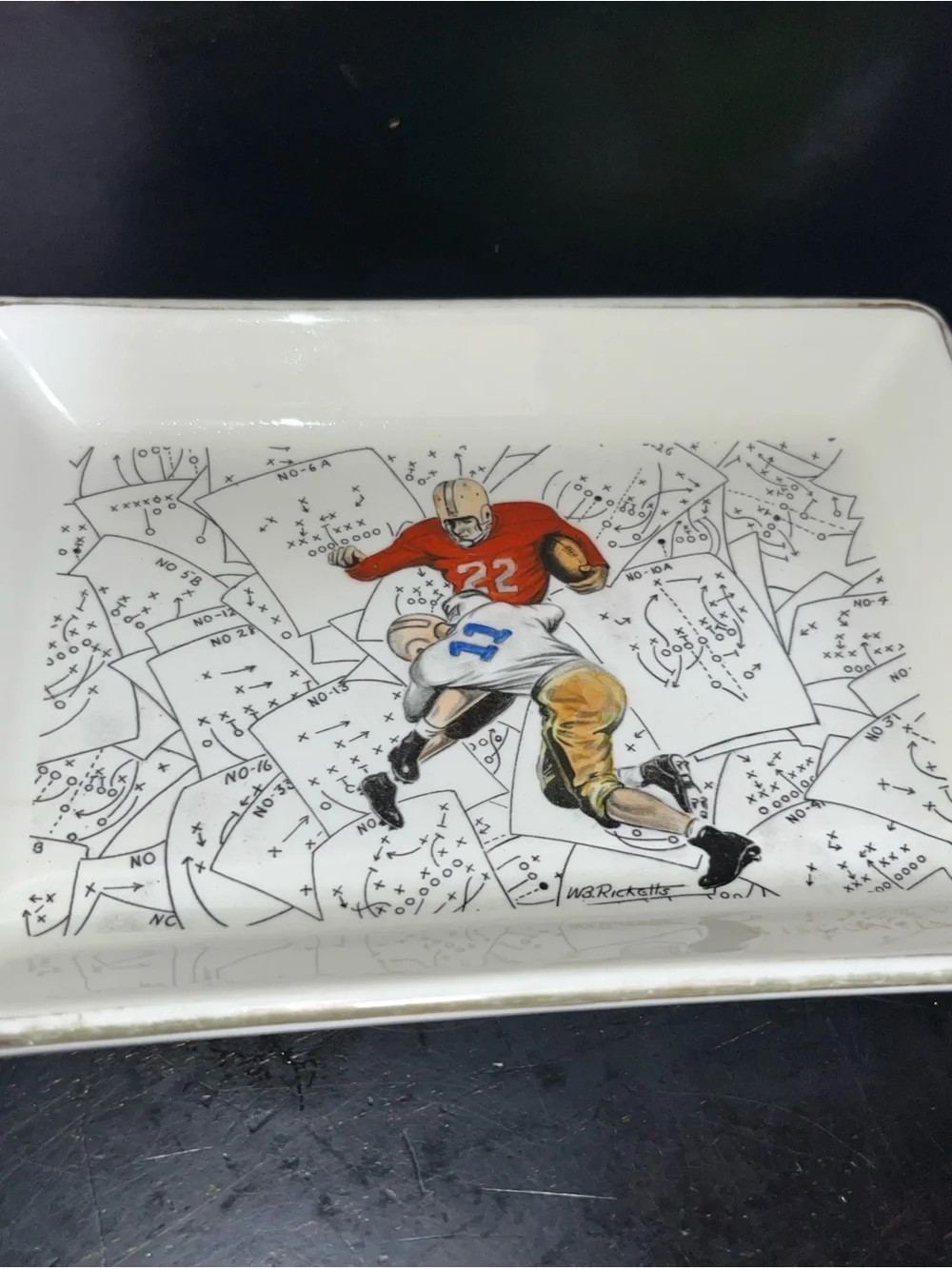 Vintage WB Ricketts Hand-Painted Football  Players Ceramic Ashtray-Catchall Tray
